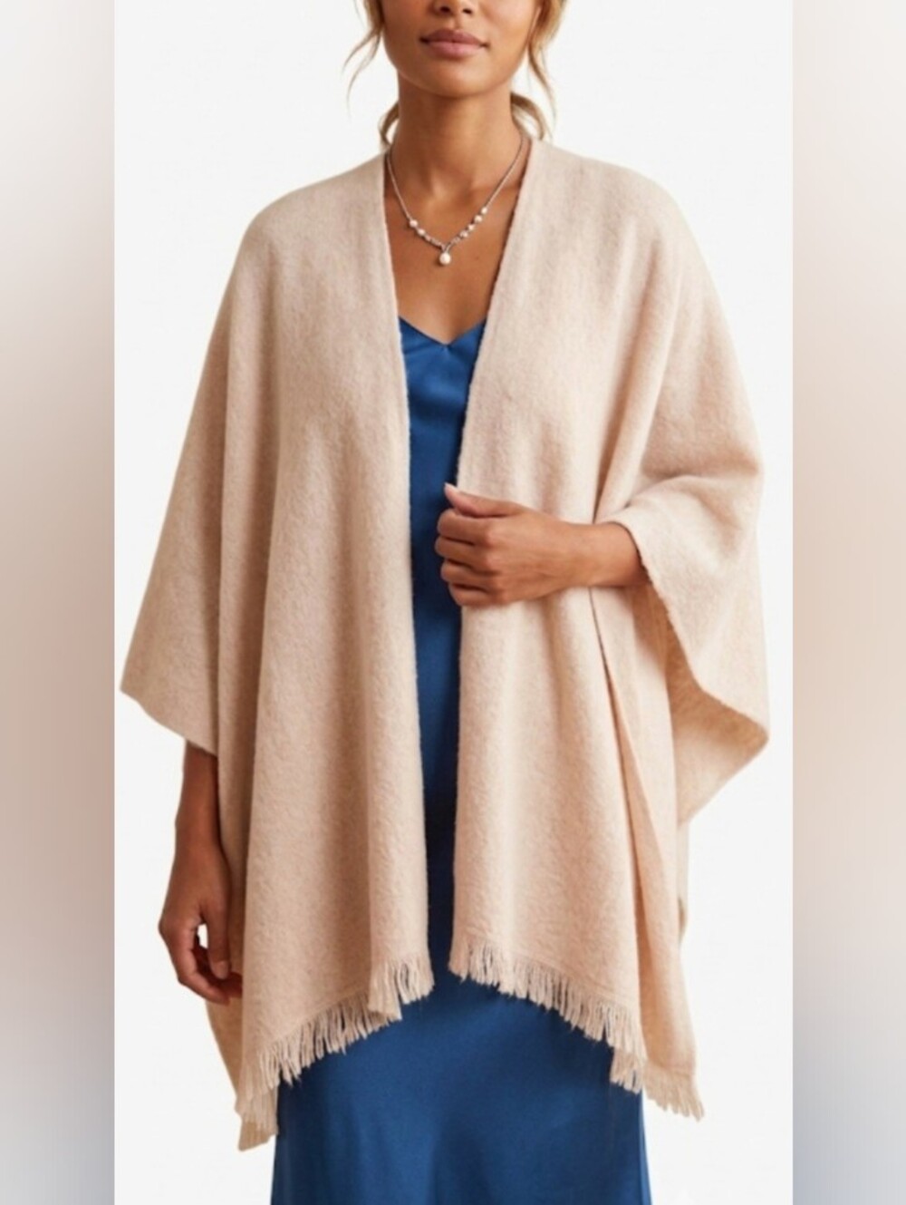 Beryll Cashmere Blend Open Front Poncho Wrap Fringe Cream Beige OS